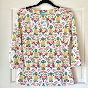 NWT J. McLaughlin Wavesong Tee Size Medium Pineapple Palms 3/4 Sleeve Boatneck